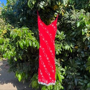 Betsey Johnson vintage red floral embroidered sleeveless beaded fringe hem mini